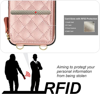 Bocasal Crossbody Wallet Case for iPhone 16 Pro Max, RFID Blocking PU Leather Zipper Handbag Purse Flip Cover, Kickstand Folio Case with Card Slots Holder Wrist Strap Lanyard 5G 6.9 Inch (Rose Gold)
