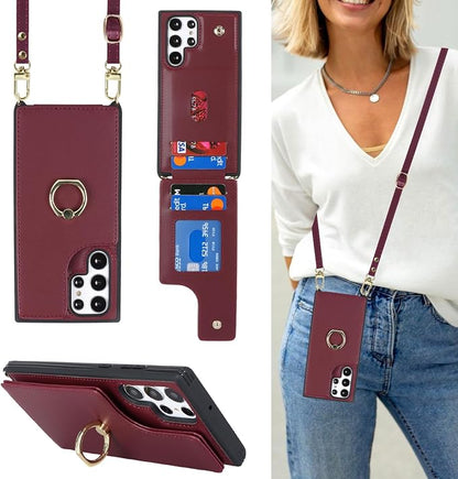 Lipvina for Samsung Galaxy S22 Ultra Case with Card Holder and Strap for Women,Crossbody Lanyard,RFID Blocking,Stand Ring Kickstand,Snap Clasp,Phone Wallet Cases 6.8 inch(Wine Red)