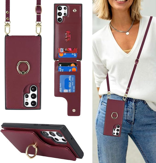 Lipvina for Samsung Galaxy S22 Ultra Case with Card Holder and Strap for Women,Crossbody Lanyard,RFID Blocking,Stand Ring Kickstand,Snap Clasp,Phone Wallet Cases 6.8 inch(Wine Red)