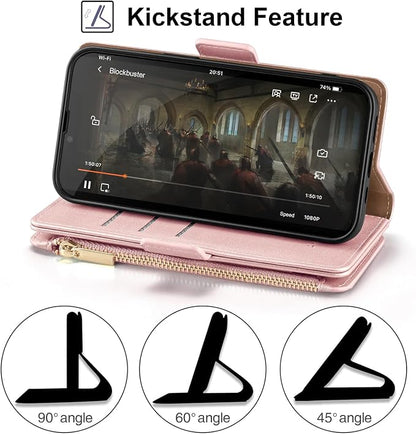Antsturdy Compatible with iPhone 16 Plus Wallet Case,RFID Blocking PU Leather Phone Case Women Men Kickstand flip Cover Wrist Strap Zipper Credit Card Holder Slots for Apple 16 Plus 6.7",Rose Gold