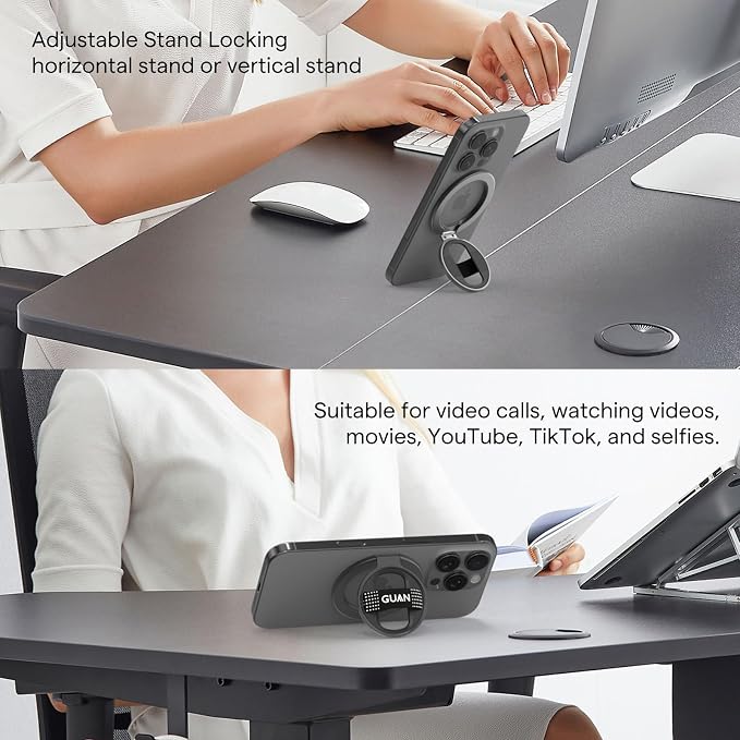 GUAN Magnetic Phone Holder Compatible with MagSafe, 360 Spin Phone Ring Holder, Replacement Silicone/Elastic Strap Ultra Thin Snap Grip Fits for iPhone 17, 16,15, Series All Phones, Black.