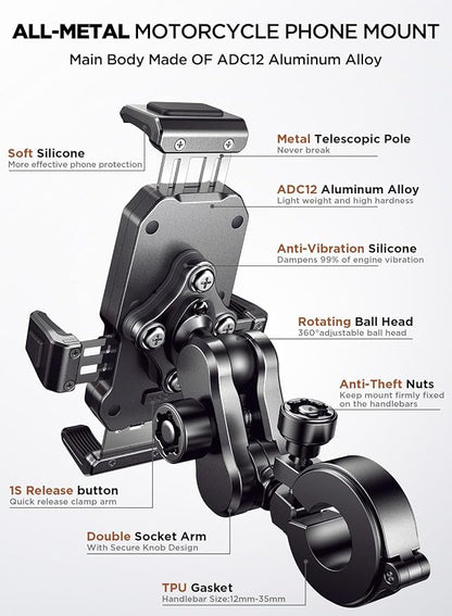 JOYROOM Aluminum Alloy Motorcycle Phone Holder, Metal Motorcycle Phone Mount with Vibration Dampener, for Bike Bicycle Scooter ATV/UTV, Compatible with iPhone, Samsung, All Cell Phones