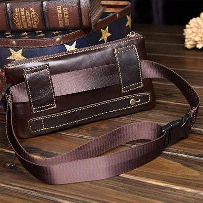 KPYWZER Vintage Leather Waist Bag Fanny Pack for Men Women Hip Bum Bag Belt Slim Cell Phone Purse Wallet Retro Crossbody Sling Pouch Brown