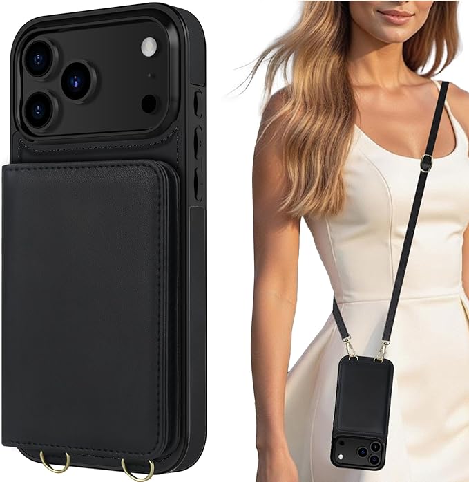 LOHASIC for iPhone 17 Pro Case Wallet with Detachable Crossbody Strap & Wrist Lanyard, RFID Blocking, 4 Card Slots 2 Cash Pockets, Vegan Leather Case with Card Holder for Women Girls, Black