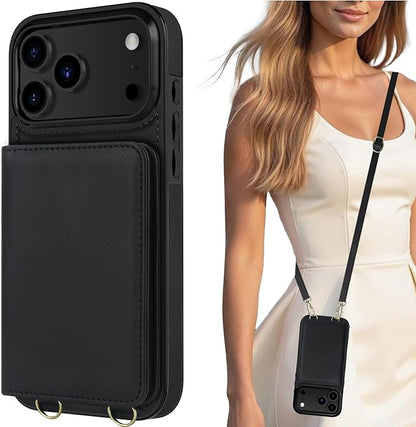 LOHASIC for iPhone 17 Pro Case Wallet with Detachable Crossbody Strap & Wrist Lanyard, RFID Blocking, 4 Card Slots 2 Cash Pockets, Vegan Leather Case with Card Holder for Women Girls, Black