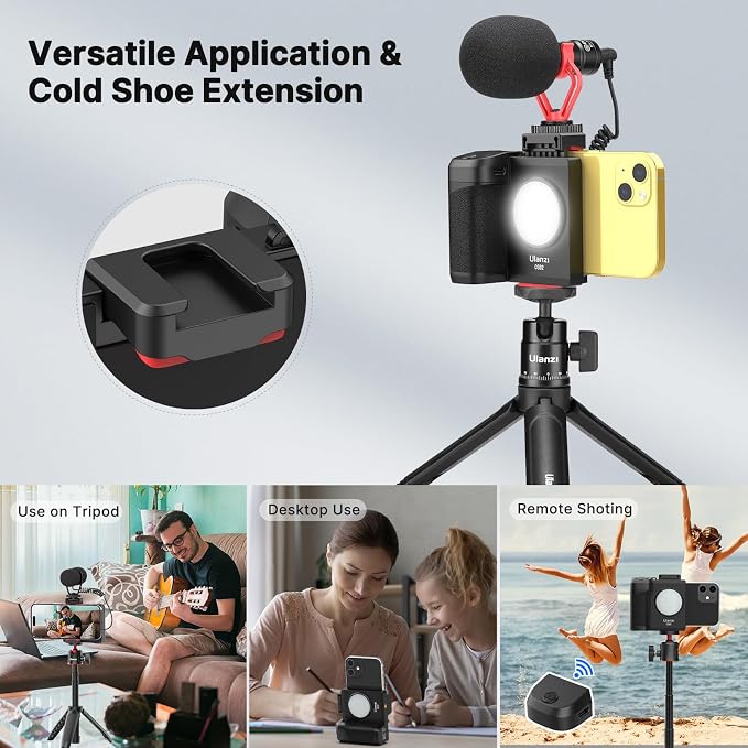 CG-02 Grip Holder for Smartphone Upgraded Phone Camera Grip w Remote Shutter Handheld Tripod Mount Fill Light Handheld Photography Accessories Compatible with iPhone 17 16 15 14 Pro Max etc