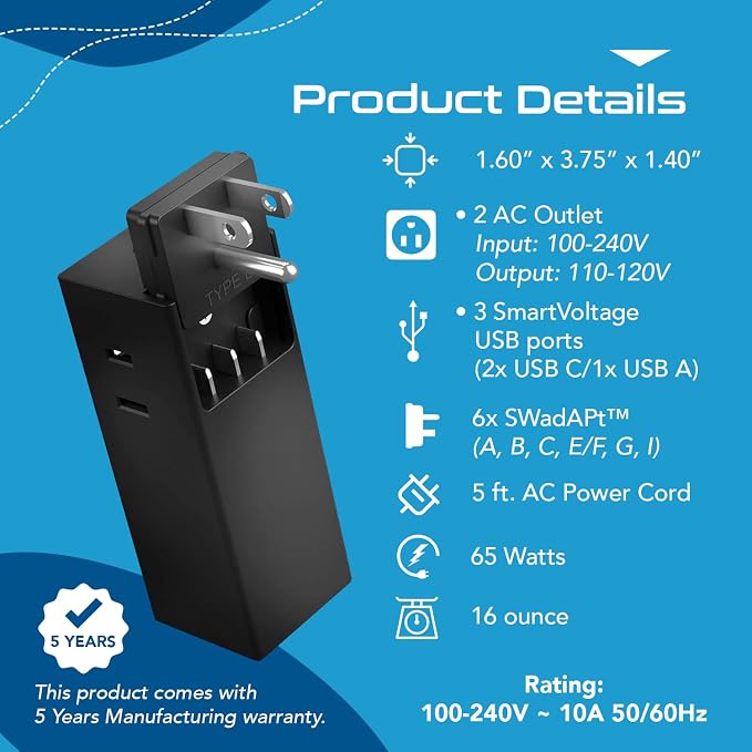 Ceptics 65W World Travel Adapter 3 USB Ports PD 3.0 Ultra Compact Charger 2 US Outlets [GaN Tech], Quick Type C, Charge Laptops, Cellphones in Europe, Asia, Africa, America and More