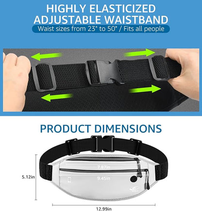 HiRui Slim Fanny Pack for Men Women, Adjustable Exercise Waist Pack Reflective Running Belt for Sports Workout Cycling Hiking, Casual Hands-Free Wallets Phone Bag Fits All Phones (White)