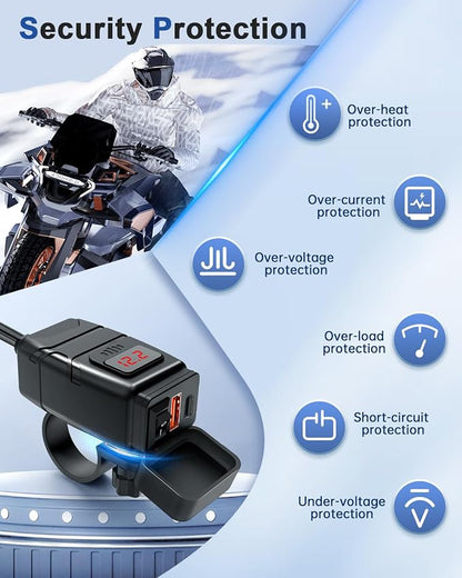 EXTRACTME Motorcycle USB Charger, 30W USB Type C PD & 24W QC3.0 Motorcycle Phone Charger with Voltmeter & ON/Off Switch, SAE to USB Motorcycle Accessories for Phone, Tablet, GPS, etc