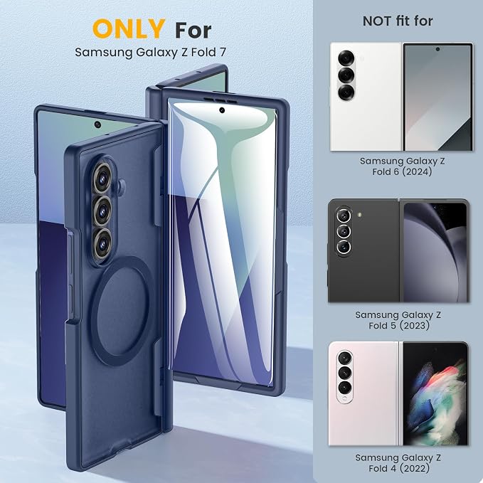 Caka Magnetic for Samsung Galaxy Z Fold 7 Case with Hinge Protection Blue | Compatible with MagSafe, Built-in Outer Screen Protector, Hinge Guard, Translucent Matte Back, 360° Hybrid Drop Defense
