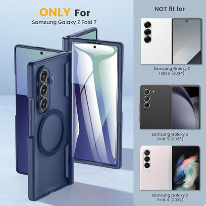Caka Magnetic for Samsung Galaxy Z Fold 7 Case with Hinge Protection Blue | Compatible with MagSafe, Built-in Outer Screen Protector, Hinge Guard, Translucent Matte Back, 360° Hybrid Drop Defense