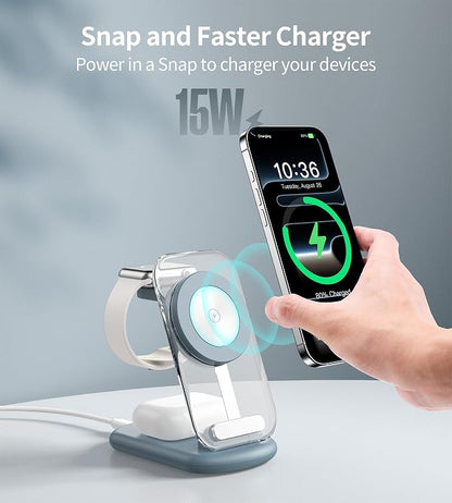 3 in 1 Magnetic Wireless Charging Station for Apple Devices, Fast Foldable Travel Mag-Safe Charger Stand with Night Light for iPhone 17 16 15 14 13 12 Series, Apple Watch/AirPods Pro, LB