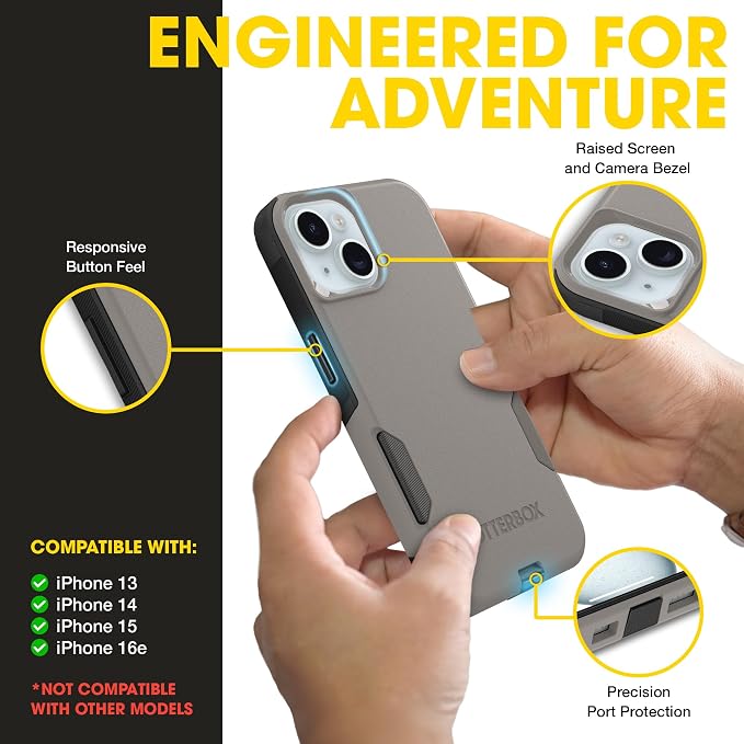OtterBox iPhone 16e, 15, 14, & 13 Commuter Series Case - Slim & Tough, Pocket-Friendly, with Port Protection - Grey/Black
