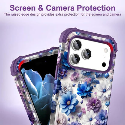 Hocase for iPhone 17 Pro Case 6.3", Heavy Duty Shockproof Protection Soft Silicone Rubber+Hard Plastic Bumpers Hybrid Protective Case for iPhone 17 Pro 2025 - Blue Purple Flowers