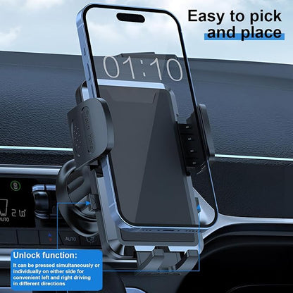 Car Phone Holder Mount, 360° Rotation Adjustable Vehicle Phone Stand with Metal Hook Clip, Auto Cellphone Holder Mount for Air Dashboard Windshield Vent, Universal for SUV RV Truck (Black)