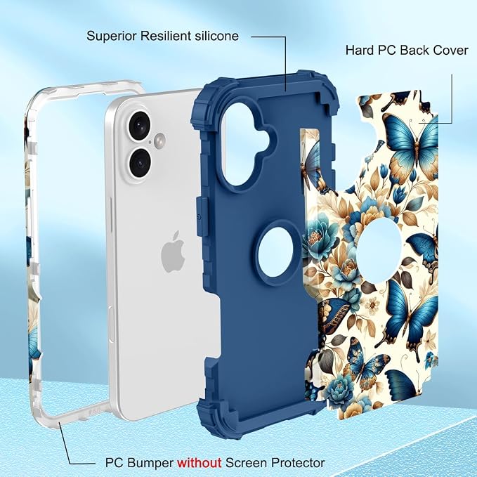 Hocase for iPhone 16 Plus Case 6.7", Heavy Duty Shockproof Protection Soft Silicone Rubber+Hard Plastic Bumpers Hybrid Protective Case for iPhone 16 Plus 2024 - Blue Butterflies