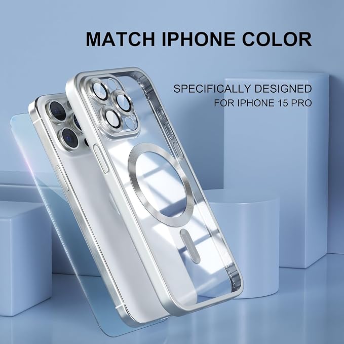 Misea Magnetic for iPhone 15 Pro Case [Never Yellowing] [Military Grade Drop Protection] Full Camera Lens Protector Soft Clear Phone Case for Women Girls, Titanium Silver