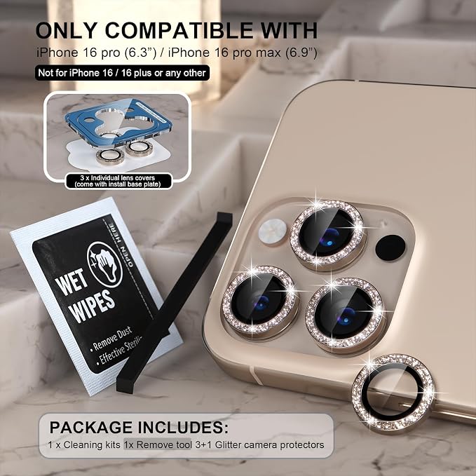 Choiche Compatible for iPhone 16 Pro/iPhone 16 Pro Max Camera Lens Protector Bling, 9H Tempered Glass Camera Cover Screen Protector Metal Ring Decoration Accessories(Glitter-Titanium Desert)