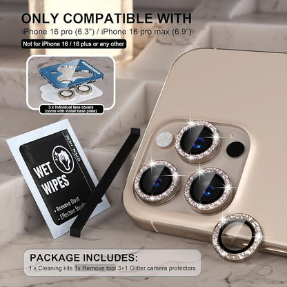 Choiche Compatible for iPhone 16 Pro/iPhone 16 Pro Max Camera Lens Protector Bling, 9H Tempered Glass Camera Cover Screen Protector Metal Ring Decoration Accessories(Glitter-Titanium Desert)