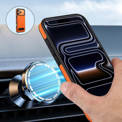 Magnetic Case for iPhone 17 Pro/17 Pro Max, Slim Lychee Pattern Leather Cover with Metal Kickstand Wireless Charging Phone Case,17pro,Orange
