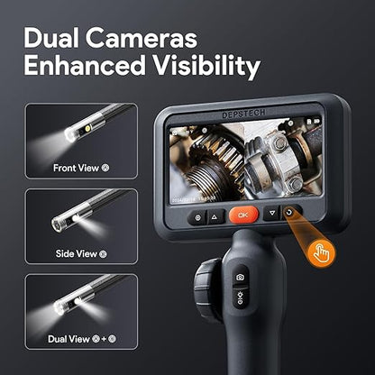 DEPSTECH Dual Lens Two-Way Articulating Borescope Camera with Light, 4.5" Screen and 5FT Flexible Snake Scope Industrial Endoscope, Inspection Video Camera Tool for Wall, Engine, Auto, Mechanics