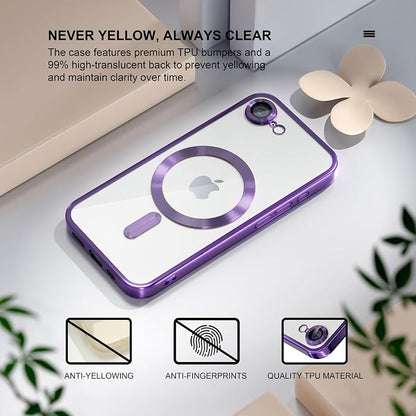 Misea Magnetic for iPhone 17e / 16e Case Compatible with MagSafe [Never Yellowing] [Military Grade Drop Protection] Full Camera Lens Protector Plating Soft Clear Phone Case for Women 6.1", Deep Purple