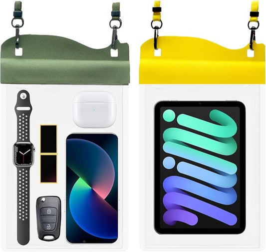 YUMQUA Large Watperproof Pouch 2 Pack [Up to 11.3"], IPX8 Waterproof Cell Phone Case Dry Bag Pouch Compatible with iPhone 14 13 12 Pro Max, Galaxy S23 Ultra S22 or iPad mini, Army Green+Yellow