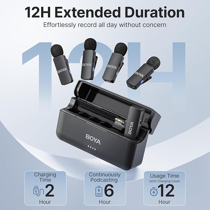 BOYA by-V4 Wireless Microphones for Cameras DSLR Camcorder with Charging case, 12H Battery Life, 650ft Range, 4-Channel Omnidirectional Noise Canceling Lavalier Mic for Live Streaming Vlog