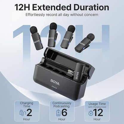 BOYA by-V4 Wireless Microphones for Cameras DSLR Camcorder with Charging case, 12H Battery Life, 650ft Range, 4-Channel Omnidirectional Noise Canceling Lavalier Mic for Live Streaming Vlog