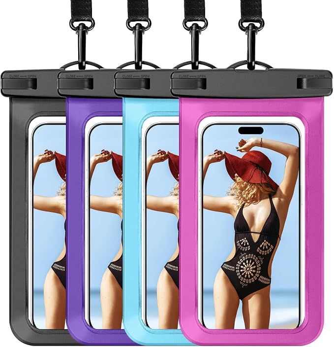 4 Pack Universal Waterproof Phone Pouch Compatible for iPhone,Dry Bag for Cruise Travel Vacation Essentials Large Phone Holder, Black & Purple & Blue& Bright Red-7"
