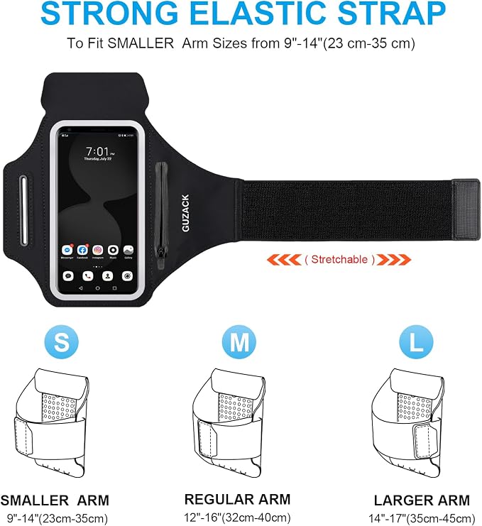 GUZACK Running Phone Holder with Zipper Pouch, Running Armband for iPhone 17/16/15/14/13/12/11 Pro Max/Plus, Galaxy S25/S24/S23/S22, Cell Phone Arm Holder with Card Slot - Size S