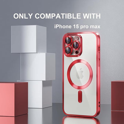 Misea Magnetic for iPhone 15 Pro Max Case with MagSafe [Never Yellowing] [Military Grade Drop Protection] Full Camera Lens Protector Plating Soft Clear Phone Case for Women Girls, Red