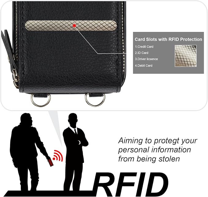 KIHUWEY Crossbody Wallet Case for iPhone 13 iPhone 14, Zipper Pocket Case with Card Holder, PU Leather RFID Blocking Protective Cover Case with Kickstand Detachable Wrist Strap Lanyard 6.1" (Black)