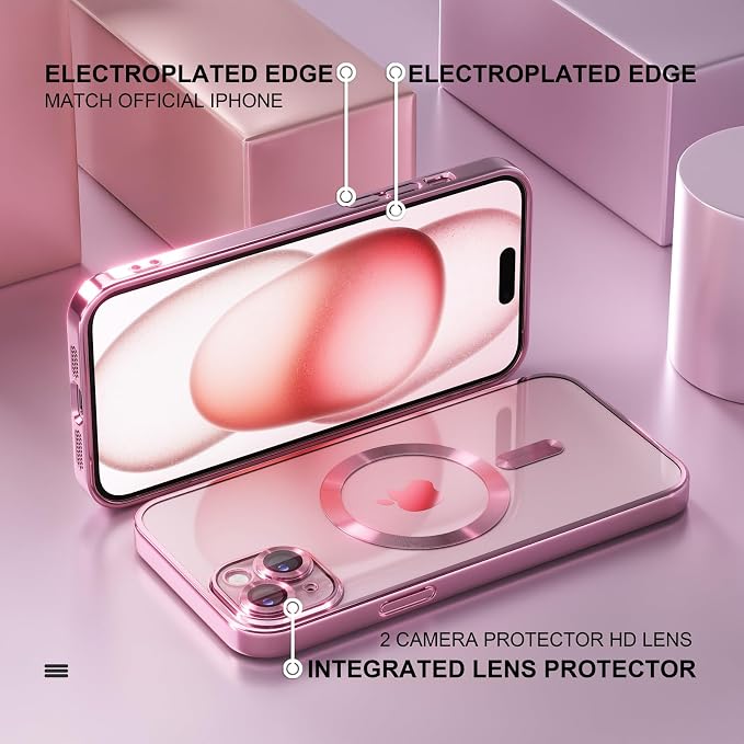 Misea Magnetic for iPhone 15 Plus Case Compatible with MagSafe [Never Yellowing] [Military Grade Drop Protection] Full Camera Lens Protector Plating Soft Clear Phone Case for Women, Pink