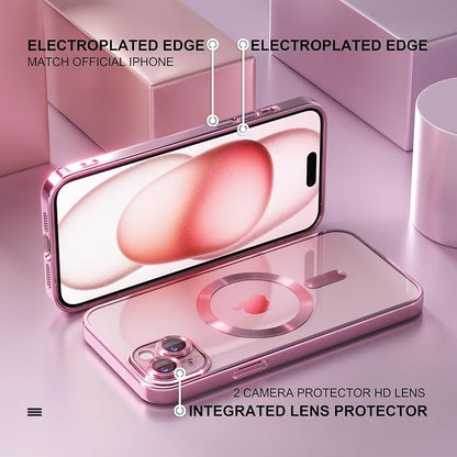 Misea Magnetic for iPhone 15 Case Compatible with MagSafe [Never Yellowing] [Military Grade Drop Protection] Full Camera Lens Protector Plating Soft Clear Phone Case for Women, Pink