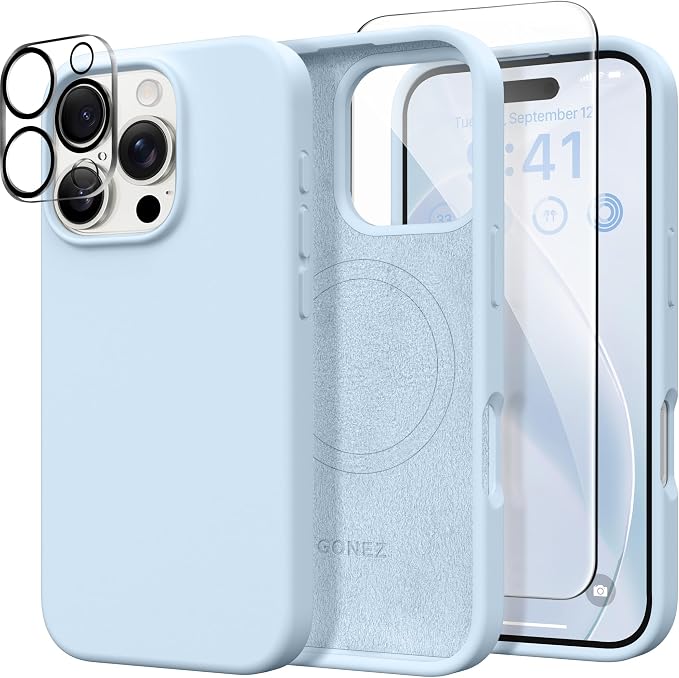 GONEZ Magnetic for iPhone 16 Pro Max Case, Compatible with MagSafe, Liquid Silicone Case, with Screen Protector + Camera Protector, Full Body Protective Shockproof Phone Cover 6.9", Blue