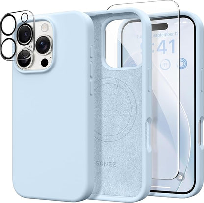 GONEZ Magnetic for iPhone 16 Pro Max Case, Compatible with MagSafe, Liquid Silicone Case, with Screen Protector + Camera Protector, Full Body Protective Shockproof Phone Cover 6.9", Blue