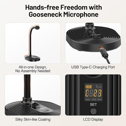 4-Channel Wireless Conference Microphone System, UHF Compact Cordless Mic Set w/ 4x10 Frequencies, 200ft Range, 4 Gooseneck Mics for Lecture, Church, Conference, Public Speaking (MWM-41-4G)