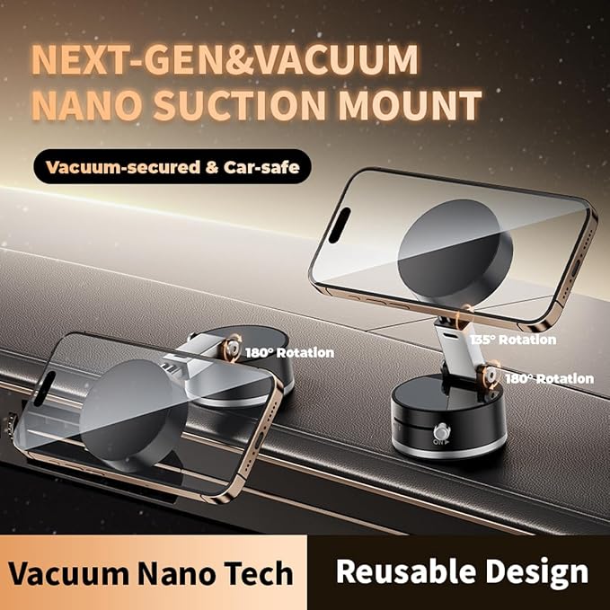 Mayten Magnetic Phone Holder Stand，Suction Phone Mount with Vacuum+TPU Gel Design for All Surfaces, Car Mount with Strong Suction and Adhesive, Compatible with iPhone/Android，All Smartphones (Black).