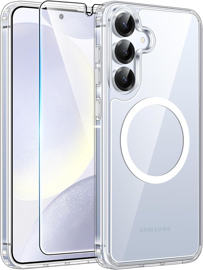FNTCASE for Galaxy S25/S24 Case Clear, Fit for Magsafe, Screen Protector | Anti Yellowing Magnetic Back, 14FT Military Grade Drop Protection, Shockproof Protective Phone Cover, Transparent