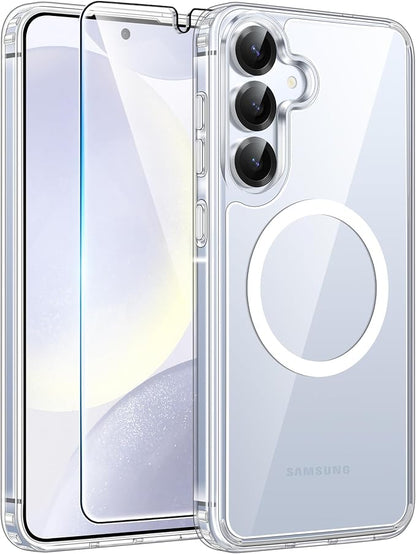 FNTCASE for Galaxy S25/S24 Case Clear, Fit for Magsafe, Screen Protector | Anti Yellowing Magnetic Back, 14FT Military Grade Drop Protection, Shockproof Protective Phone Cover, Transparent