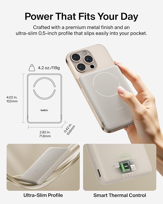 Belkin MagSafe Power Bank 5,000mAh, Ultra-Slim Portable Charger Magnetic Back Supports MagSafe Accessories On-The-Go, Wireless Battery Pack w/USB C Cable for iPhone 17, Pixel 10, Travel - Sand