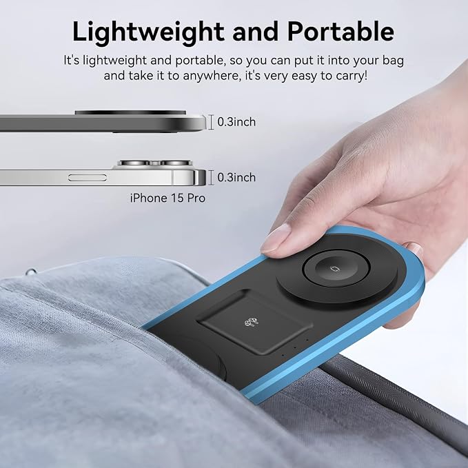 3 in 1 Fast Wireless Charger Stand for iPhone, Foldable Travel Charging Station for Magsafe for iPhone 17/Air/16/15/14/13/12 Series, Apple Watch Series, AirPods pro/2/3/4, 2025 Christ mas Gifts (Blue)