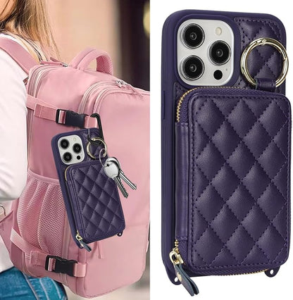 Crossbody Wallet Case for iPhone 14 Pro Max, PU Leather Zipper Handbag Purse Flip Cover, Kickstand Folio Case with Card Slots Holder Wrist Strap Lanyard 5G 6.7 Inch-Purple