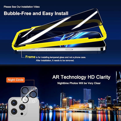 QHOHQ for iPhone 16 Pro Max Privacy Screen Protector + Camera Lens Protector, [Military Grade Shatterproof], Top 9H+ Anti Spy Glass, Full Edge Coverage, Ultra Durable,with Installation Tool [3+3 Pack]