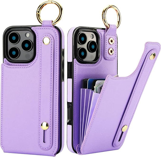 Folosu for iPhone 16 Pro Max Wallet Case with Card Holder, Hand Wrist Strap Loop Holder Kickstand, RFID Blocking Finger Grip Ring PU Leather Double Buttons Shockproof Cover 6.9" Purple