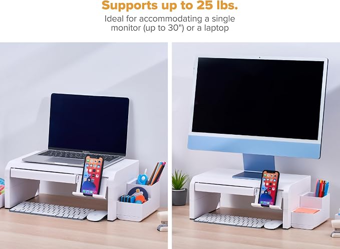 Bostitch Konnect Adjustable Monitor Riser with Drawer, Cell Phone Stand & Pencil Holder, Laptop Stand for Desk, 4 Height Levels, Cable Management & Rubber Feet