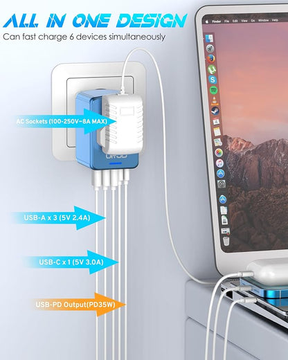 Universal Travel Adapter, 35W PD Fast Charging for Europe UK US Japan | 2 USB C 3 USB A & 2500W AC Outlet, International Power Adapter for 200+ Countries, Compatible for iPhone, MacBook, Tablet