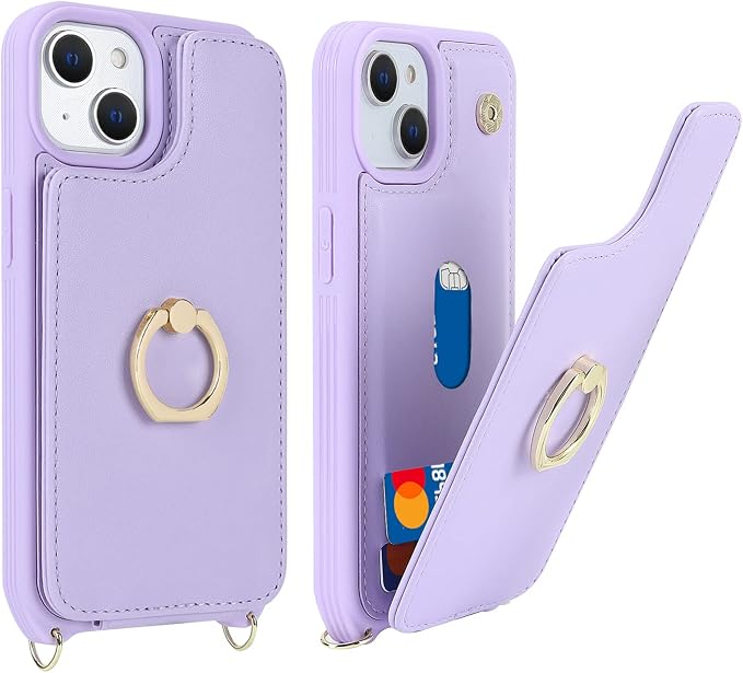 Lipvina for iPhone 14 Plus Case with Card Holder and Strap for Women,Crossbody Lanyard,RFID Blocking,Stand Ring Kickstand,Snap Clasp,Phone Wallet Cases 6.7 inch(Purple)