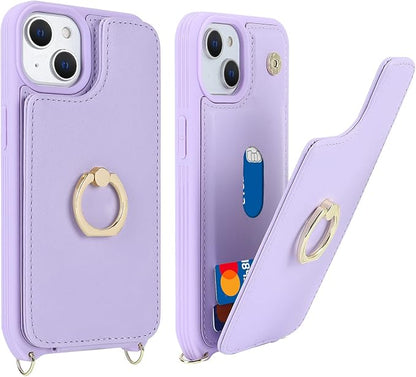 Lipvina for iPhone 14 Plus Case with Card Holder and Strap for Women,Crossbody Lanyard,RFID Blocking,Stand Ring Kickstand,Snap Clasp,Phone Wallet Cases 6.7 inch(Purple)